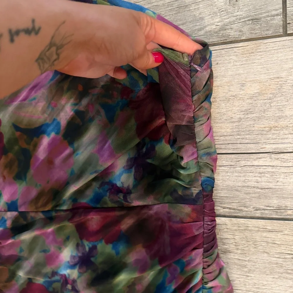 Showpo One Shoulder Ruched Mesh Midi Dress Floral Watercolor Purple Teal US 8 - Picture 4 of 7